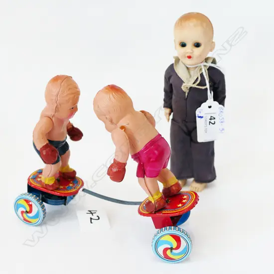 PR PLASTIC TOY BOXER DOLLS ON CARRIAGE L. 150MM & HARD PLASTIC SAILOR DOLL W SLEEPING EYES H. 155MM
